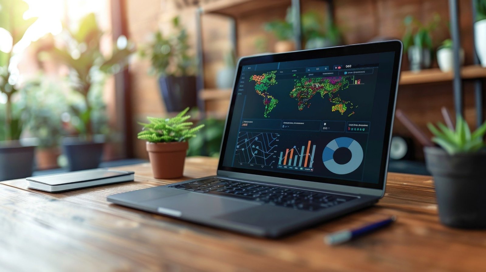 A modern laptop displaying global data analytics on a wooden desk in a plant-filled office setting during the daytime